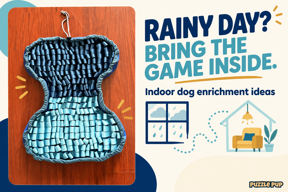 PuzzlePup navy and aqua bone-shaped snuffle mat with rainy window and home illustrations for indoor dog enrichment ideas.