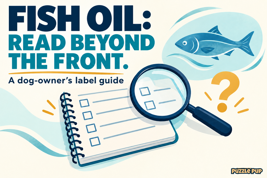 Illustrated fish, checklist and magnifying glass for a dog-owner's fish-oil label guide.