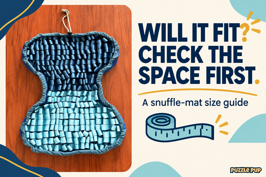 PuzzlePup navy and aqua bone-shaped snuffle mat beside a tape-measure illustration for choosing a mat size.