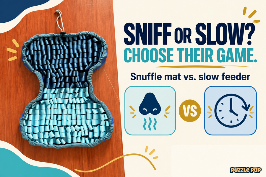PuzzlePup navy and aqua bone-shaped snuffle mat with nose and clock icons for a snuffle mat versus slow feeder guide.