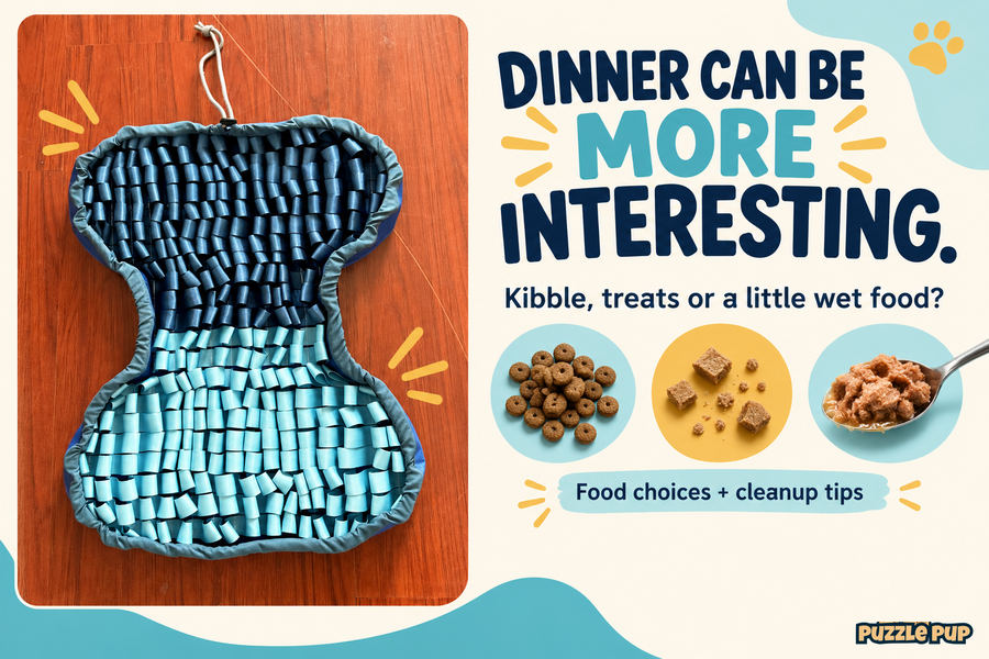 Dinner can be more interesting: PuzzlePup navy and aqua snuffle mat with plain folded cloth binding, plus illustrative kibble, dry treat pieces and a little wet food.