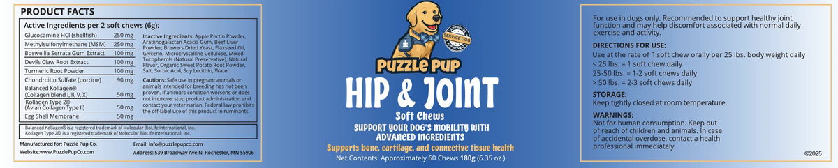 PuzzlePup Hip & Joint original package artwork showing ingredients, amounts and serving directions