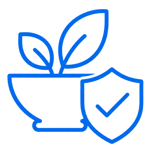Blue icon of a plant in a pot with a shield and check mark on a white background