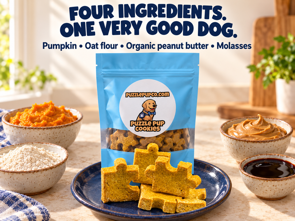 Pumpkin, oat flour, organic peanut butter and molasses beside PuzzlePup Cookies. Contains peanuts.