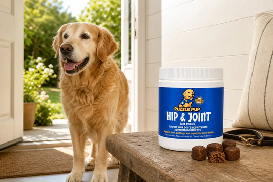 Senior golden retriever ready for a walk beside PuzzlePup Hip and Joint Soft Chews lifestyle view