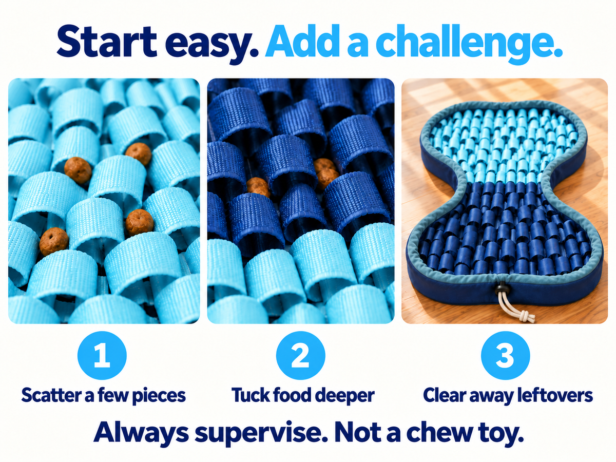 Scatter a few pieces, tuck food deeper, and clear away leftovers. Always supervise. Not a chew toy.
