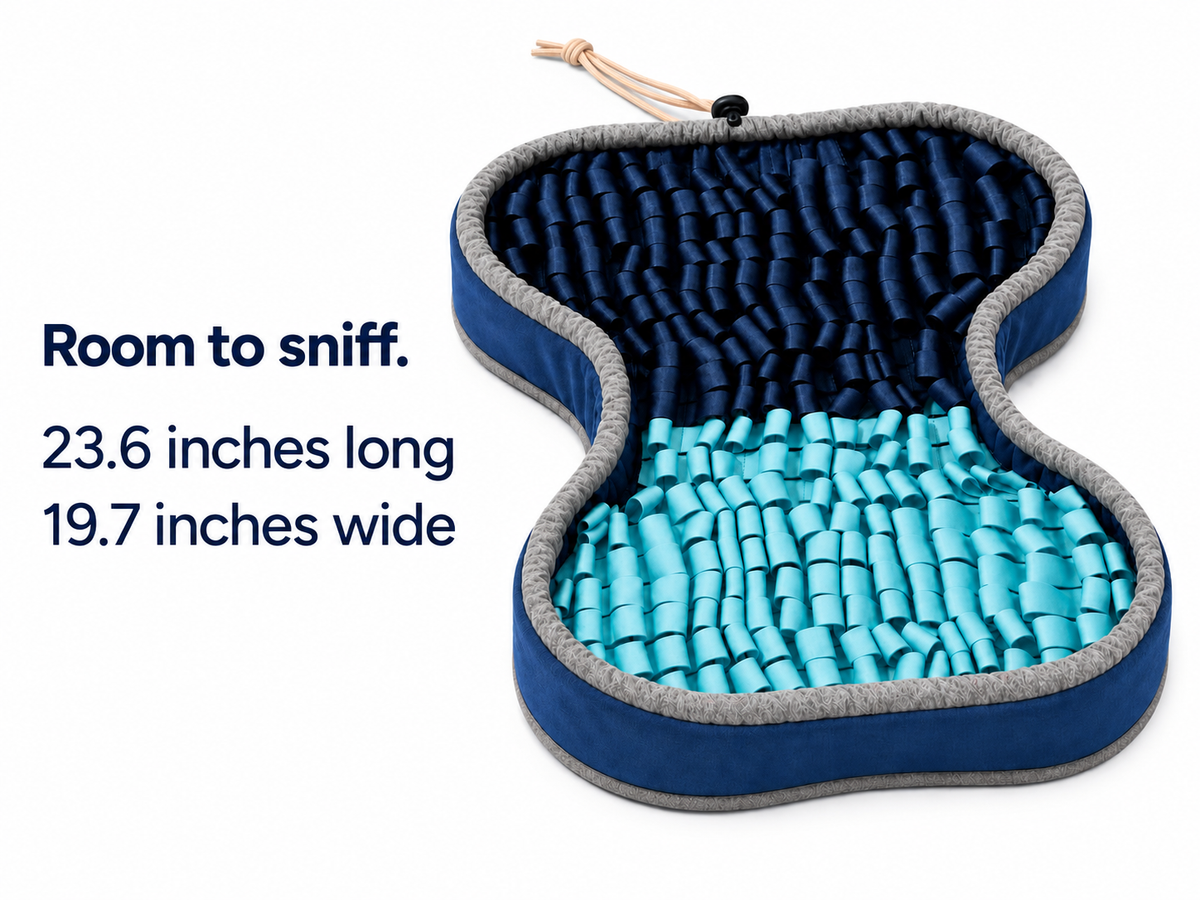 Complete navy and aqua snuffle mat with its 23.6-inch length and 19.7-inch width.