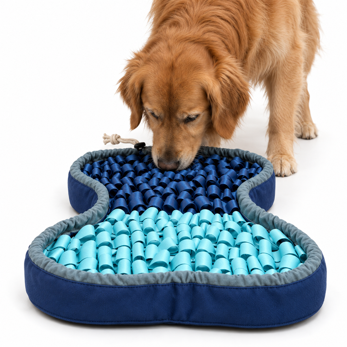 Golden retriever sniffing the navy half of the raised PuzzlePup SmartMat