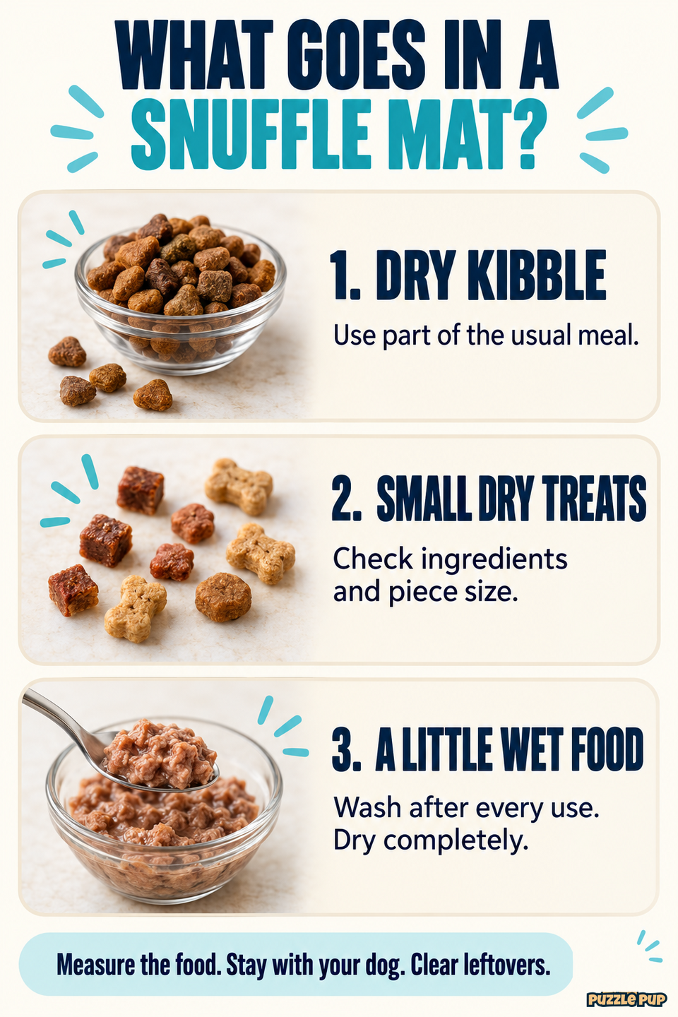 Illustrated food-choice guide: dry kibble, small dry treat pieces, and a little wet food with washing after every use and complete drying.