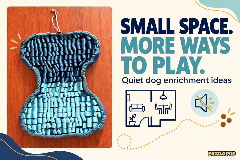 PuzzlePup navy and aqua bone-shaped snuffle mat with apartment and quiet-play icons for small-space dog enrichment.