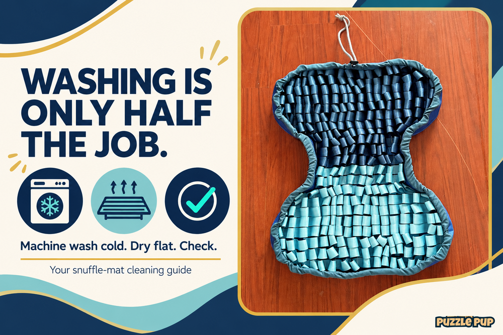 Washing is only half the job: PuzzlePup navy and aqua snuffle mat with plain folded cloth binding beside cold machine-wash, flat-air-dry and inspection icons.