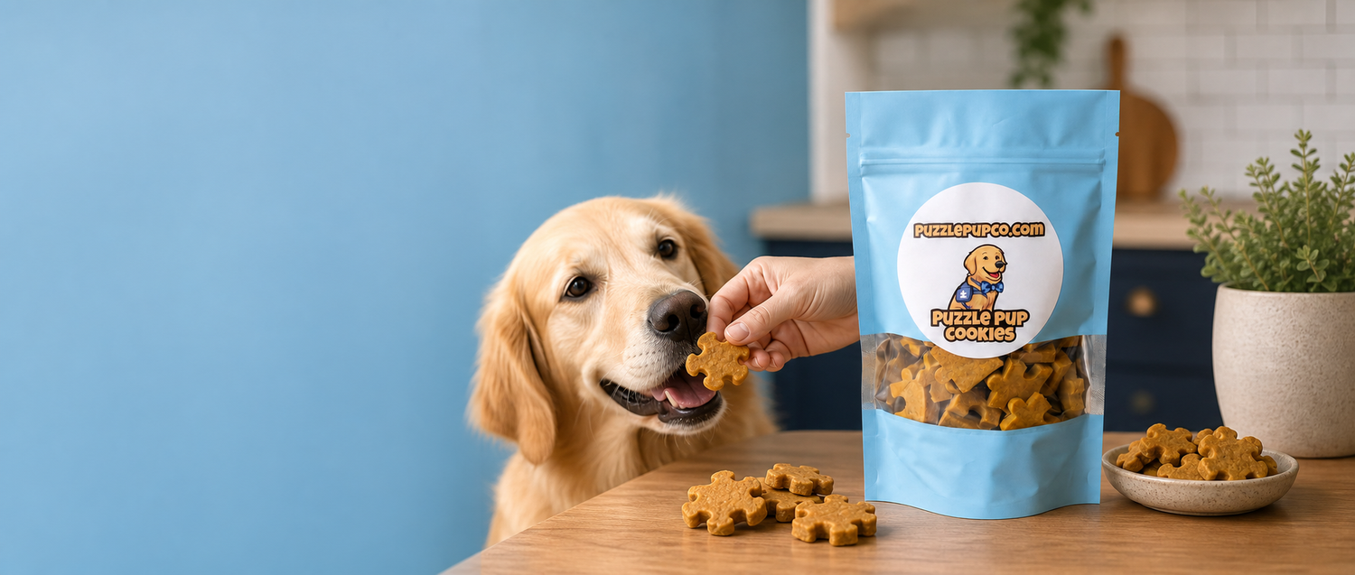 PuzzlePup pumpkin peanut butter dog treats with a dog and treat pouch