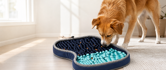 Dog using the blue PuzzlePup snuffle mat for sniffing and enrichment