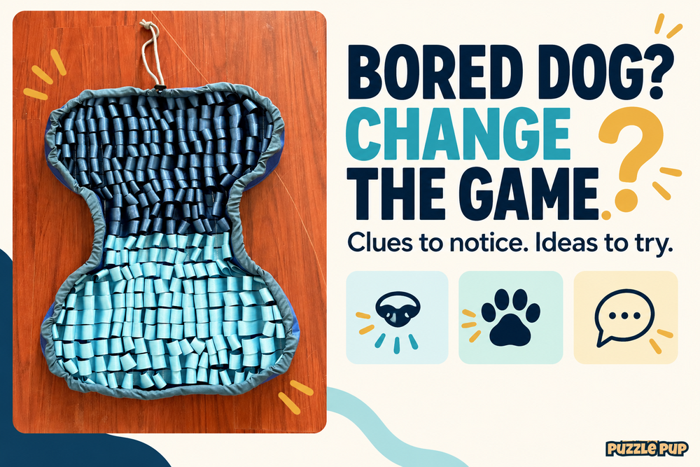PuzzlePup navy and aqua bone-shaped snuffle mat with nose, paw and speech icons for dog boredom clues and play ideas.