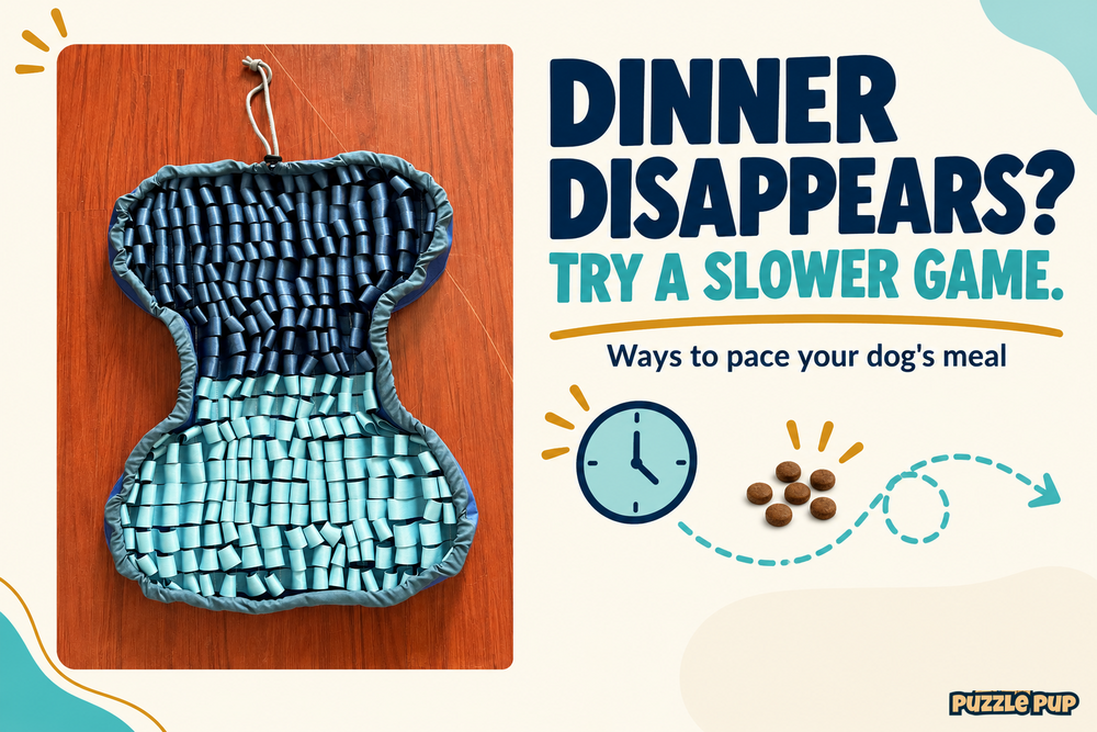 PuzzlePup navy and aqua bone-shaped snuffle mat with a clock and kibble illustrations for ways to pace a dog's meal.