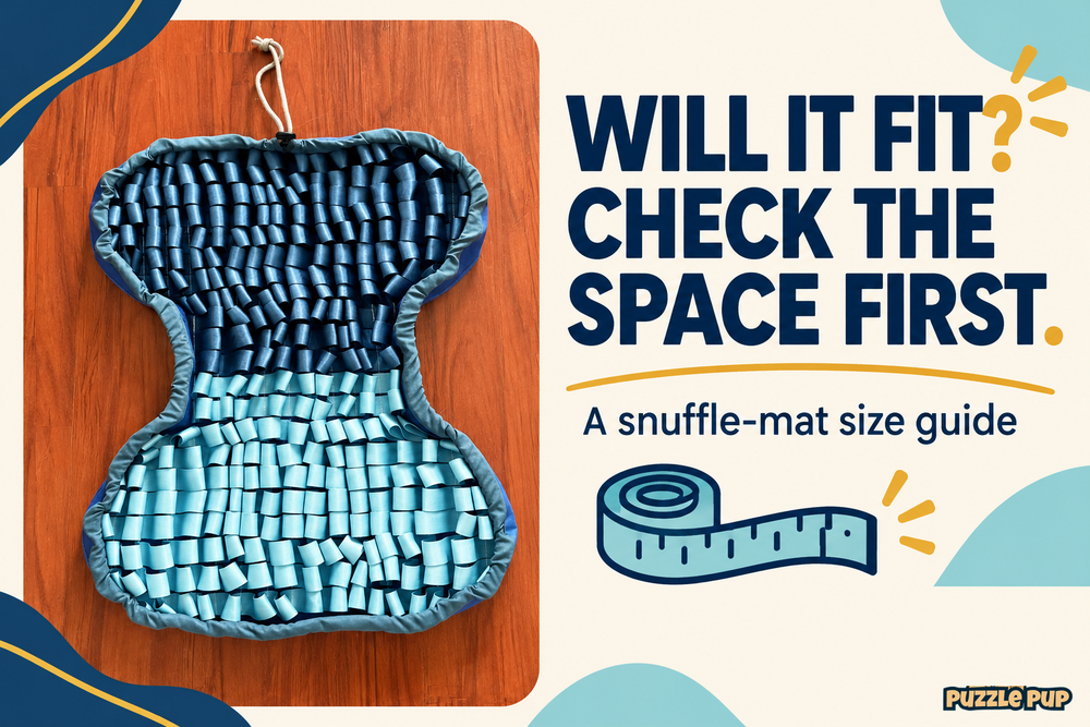 PuzzlePup navy and aqua bone-shaped snuffle mat beside a tape-measure illustration for choosing a mat size.