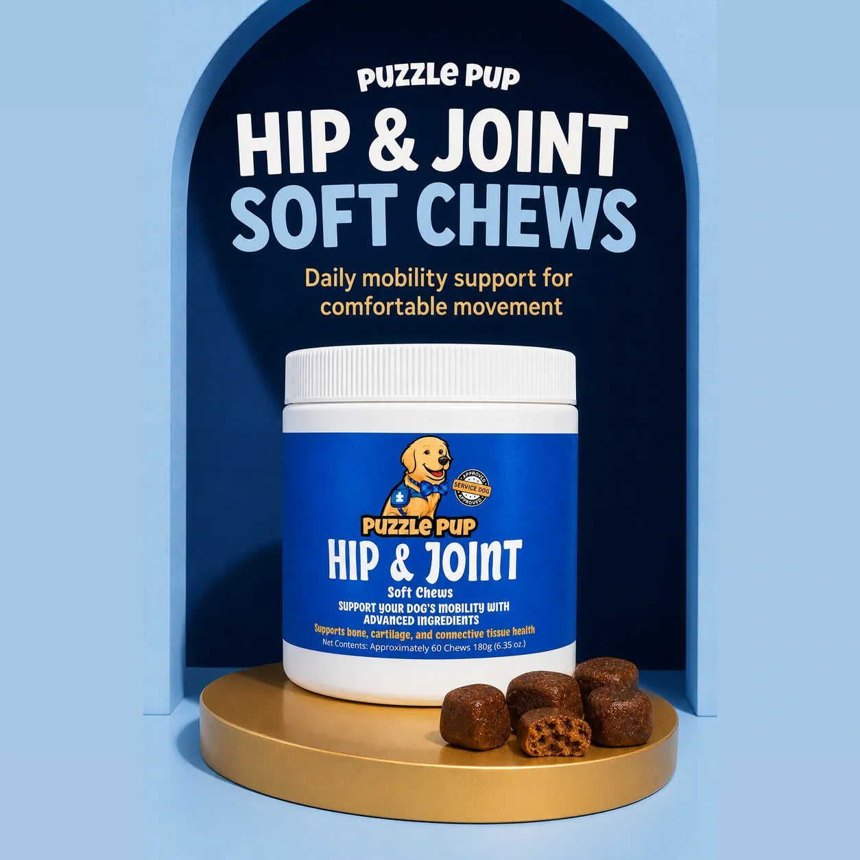 PuzzlePup Hip & Joint Soft Chews jar with soft chews