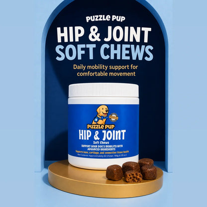 PuzzlePup Hip & Joint Soft Chews jar with soft chews