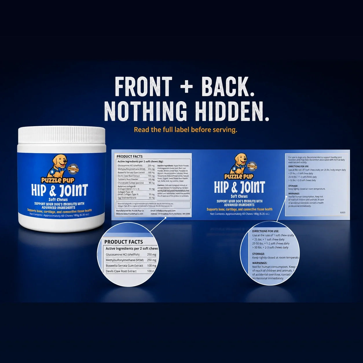 Hip & Joint Soft Chews front and back labels with complete product facts