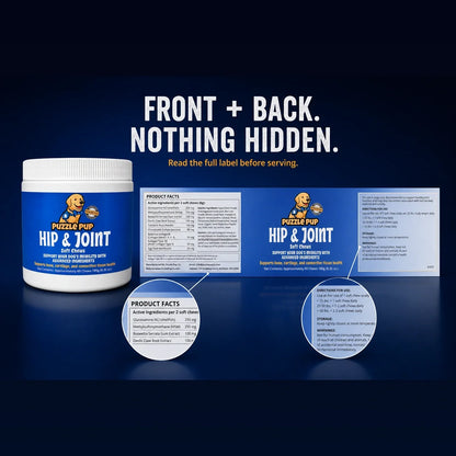 Hip & Joint Soft Chews front and back labels with complete product facts