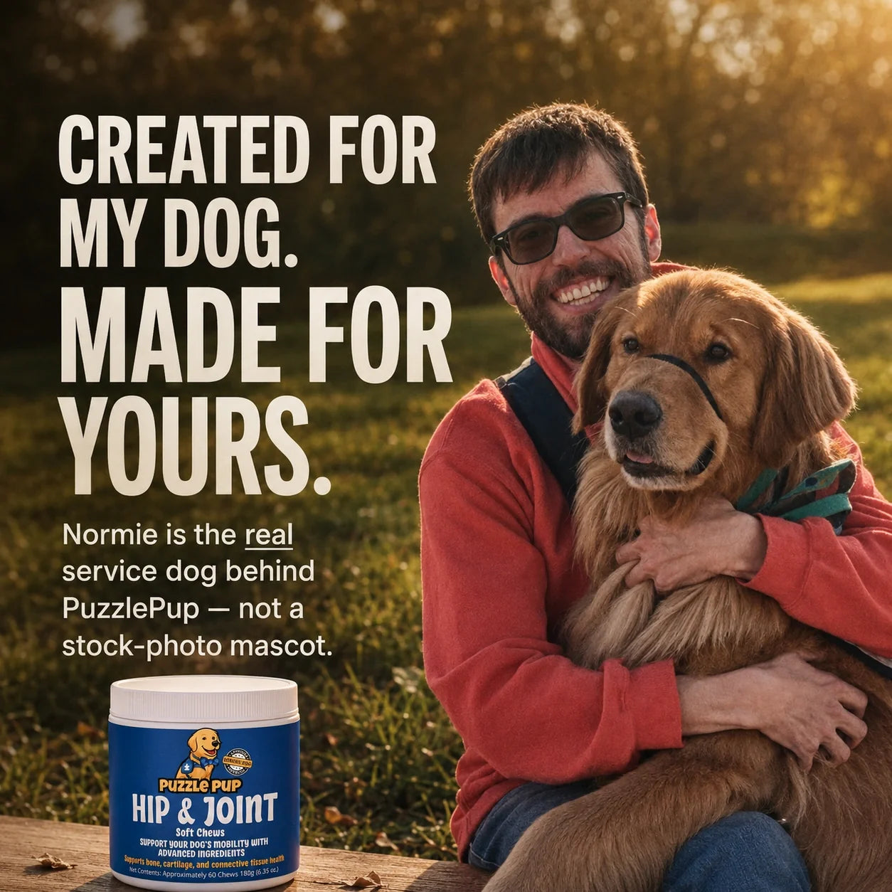 Normie, the service dog who inspired PuzzlePup, with Hip & Joint Soft Chews