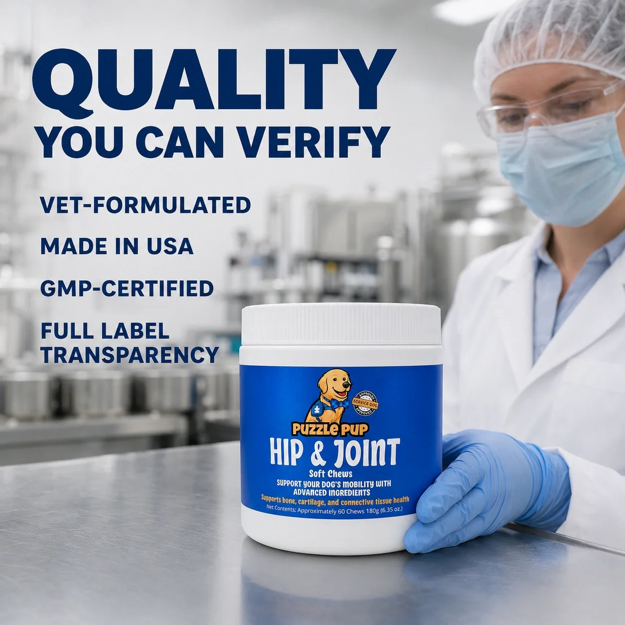 PuzzlePup quality standards: vet-formulated, made in the USA, GMP-certified, and full label transparency