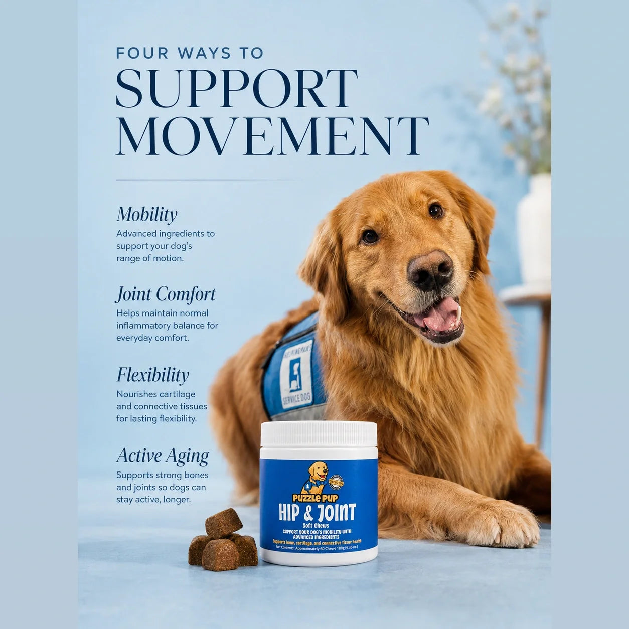 PuzzlePup Hip & Joint Soft Chews support mobility, joint comfort, flexibility, and active aging