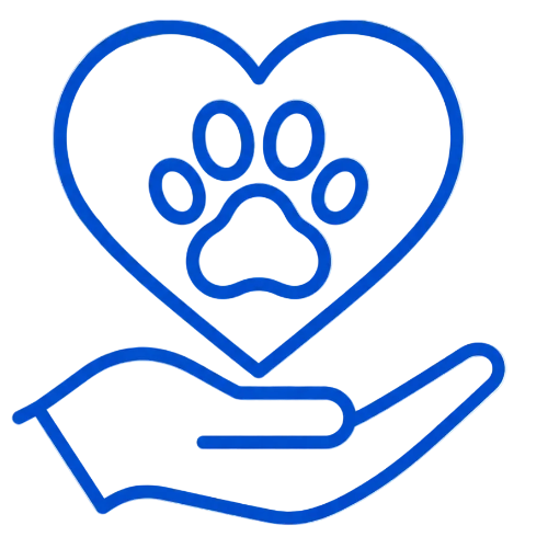 Blue outline of a hand holding a heart with a paw print inside on a transparent background