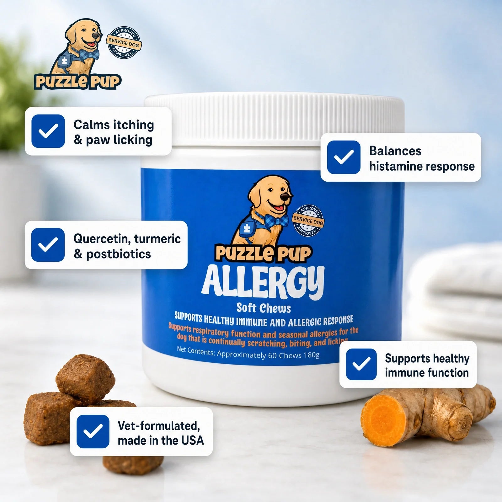 Allergy Soft Chews support itching comfort, histamine response, and immune function