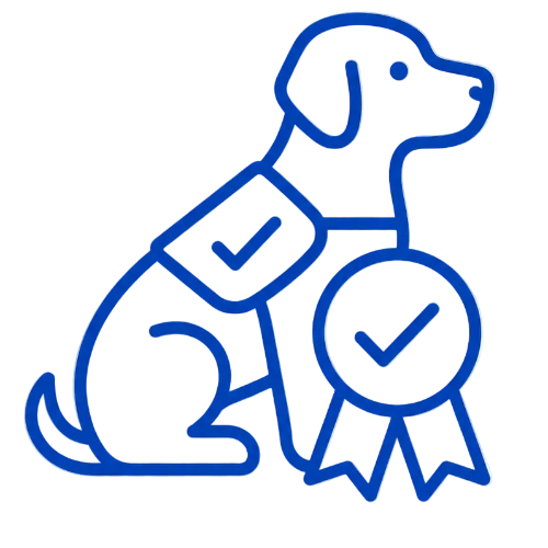 Blue line drawing of a dog with a ribbon on a transparent background