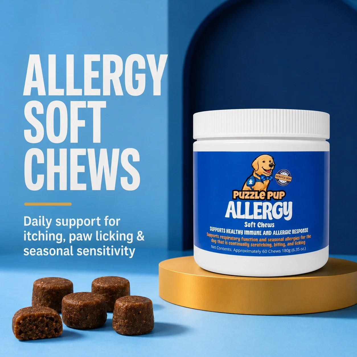 PuzzlePup Allergy Soft Chews jar with soft chews