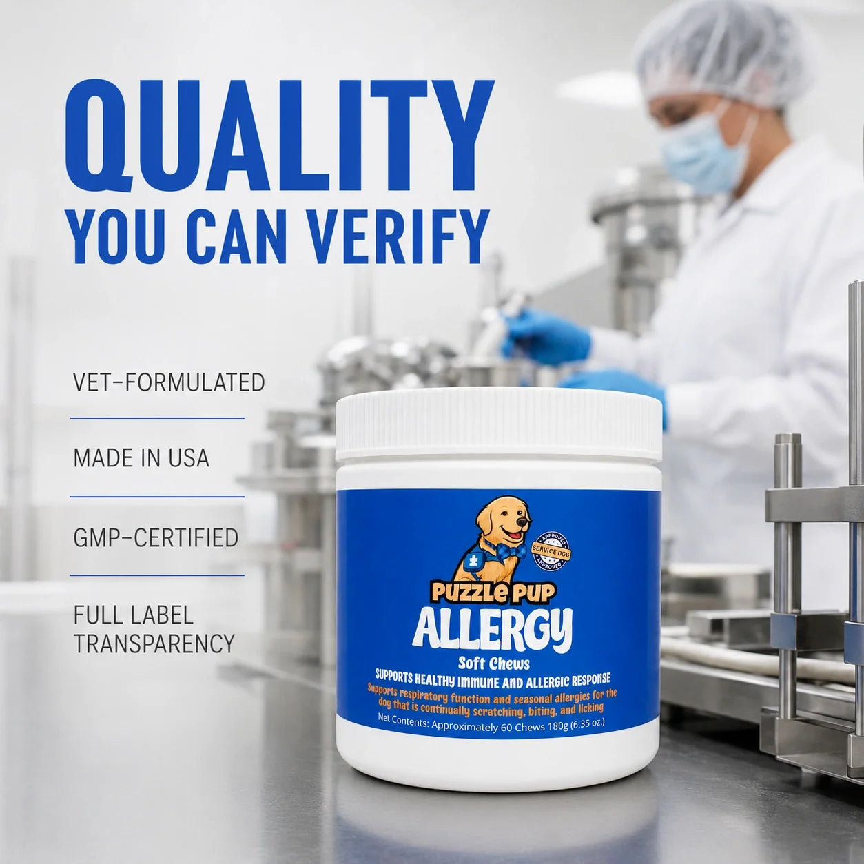 PuzzlePup quality standards: vet-formulated, made in the USA, GMP-certified, and full label transparency