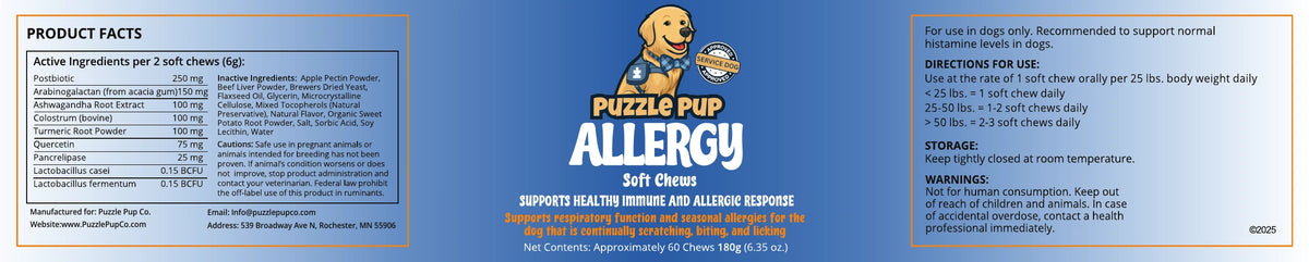 PuzzlePup Allergy original package artwork showing ingredients, amounts and serving directions