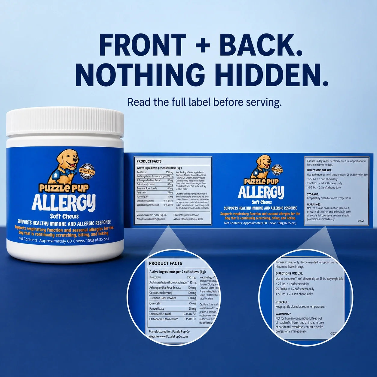 Allergy chews front and back label with full product facts