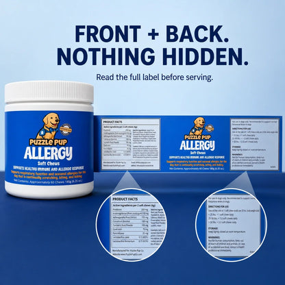 Allergy chews front and back label with full product facts