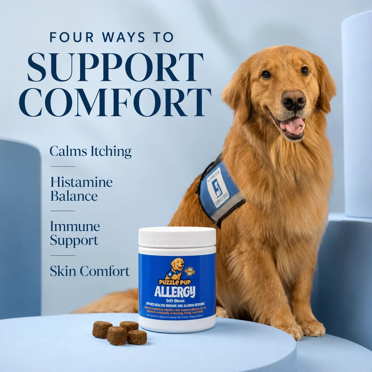 PuzzlePup Allergy Soft Chews support itching comfort, histamine balance, immune function, and skin comfort