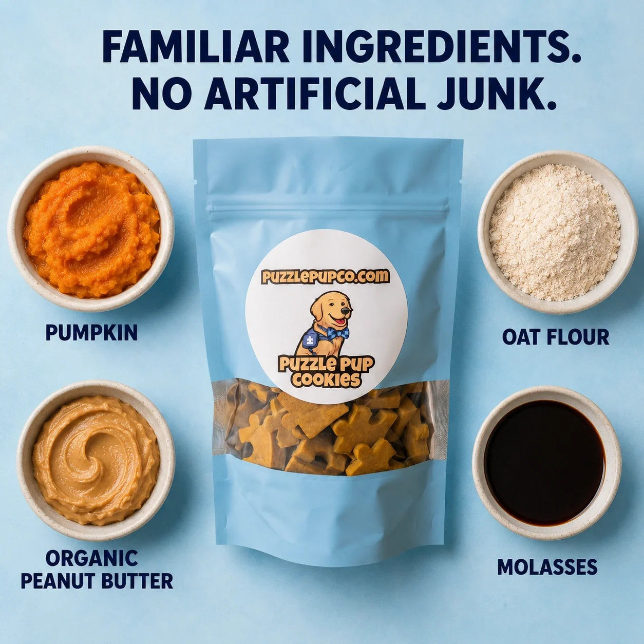 Cookie ingredients — pumpkin, oat flour, organic peanut butter, molasses