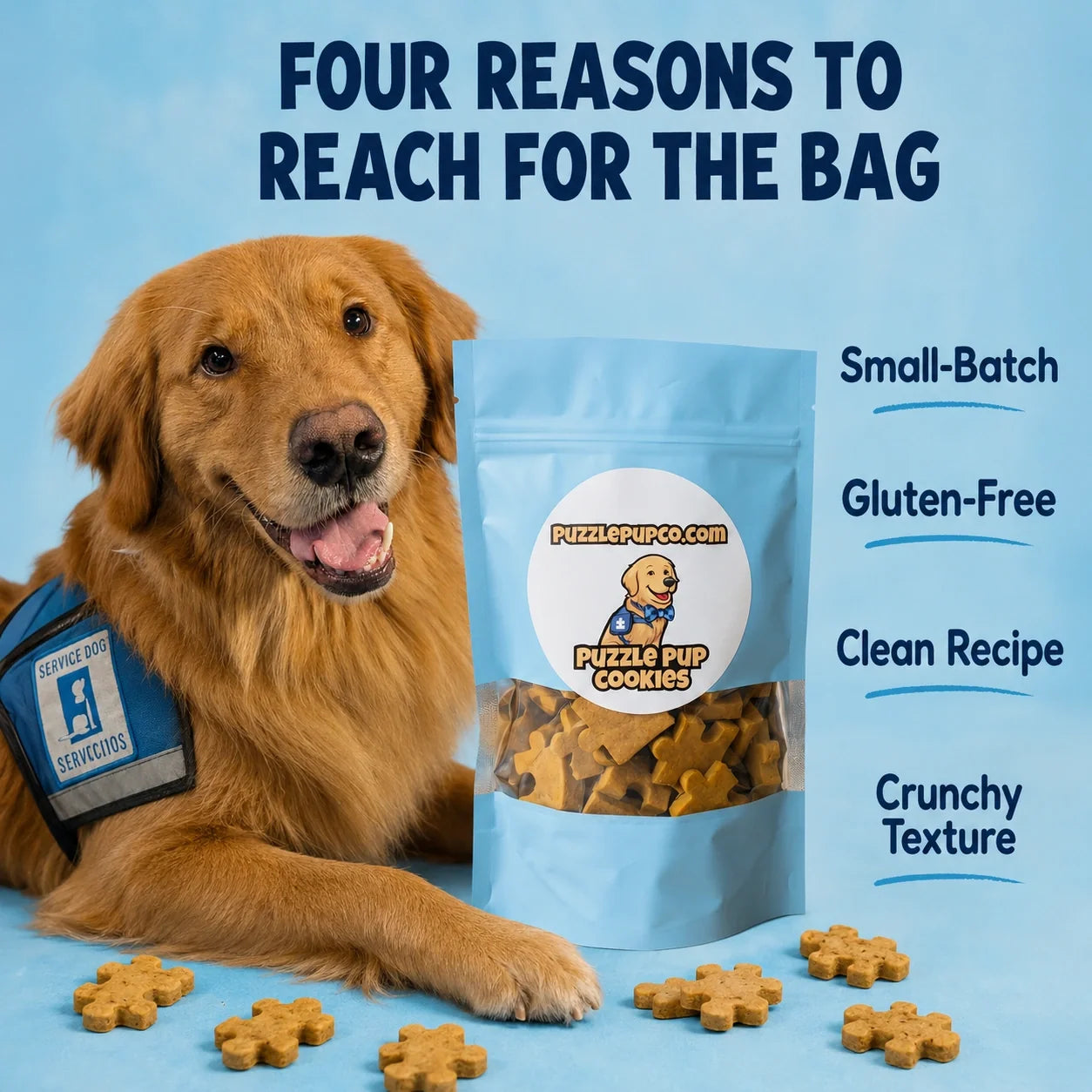 Four reasons to reach for the bag — PuzzlePup Cookies are small-batch, gluten-free, clean recipe, crunchy texture