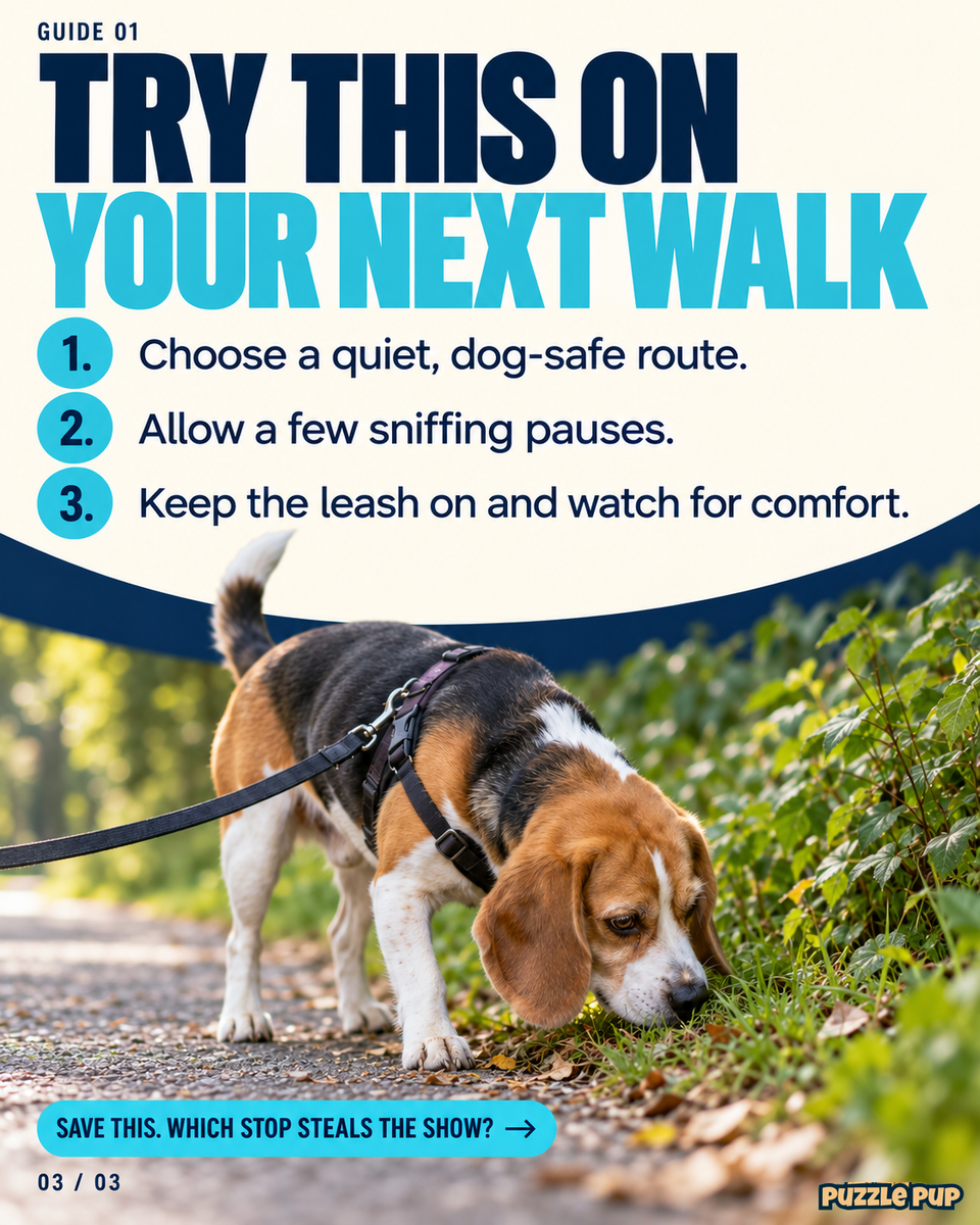 Sniff-walk checklist: choose a quiet dog-safe route, allow sniffing pauses, and keep the leash on while watching for comfort