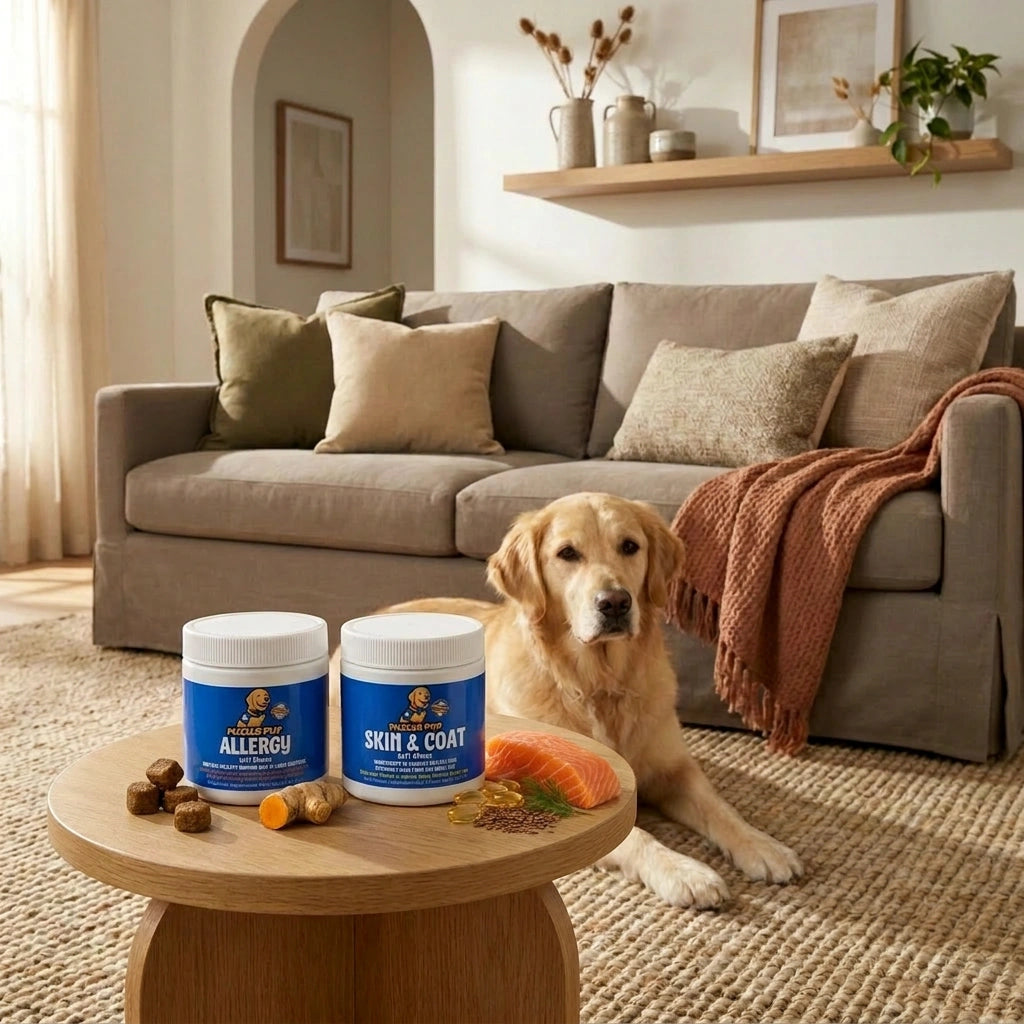Happy golden retriever at home with PuzzlePup Allergy and Skin & Coat soft chews