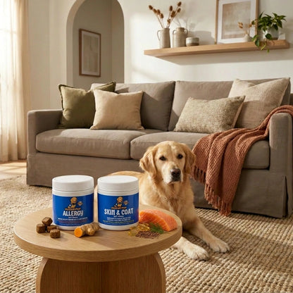 Happy golden retriever at home with PuzzlePup Allergy and Skin & Coat soft chews