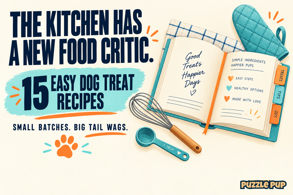 Illustrated cookbook, whisk and kitchen mitt: The kitchen has a new food critic. 15 Easy Dog Treat Recipes.