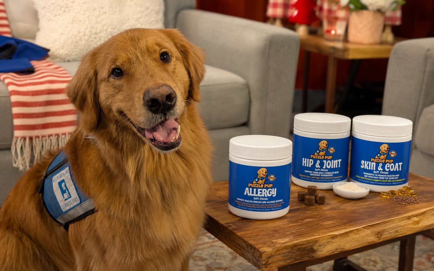 Normie, PuzzlePup founder Mike's Helping Paws service dog, beside PuzzlePup Allergy, Hip & Joint, and Skin & Coat supplements
