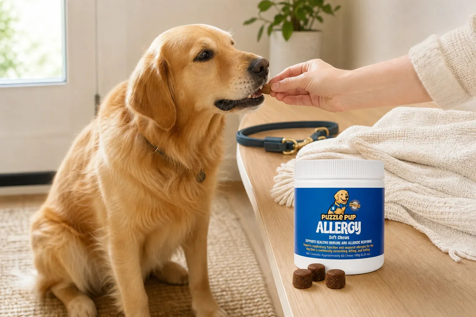 Golden retriever receiving a PuzzlePup Allergy Soft Chew beside the product jar