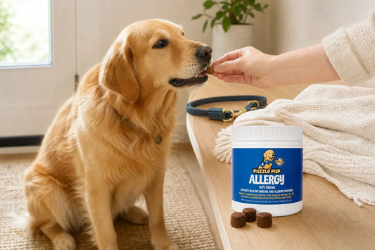Golden retriever receiving a PuzzlePup Allergy Soft Chew beside the product jar lifestyle view