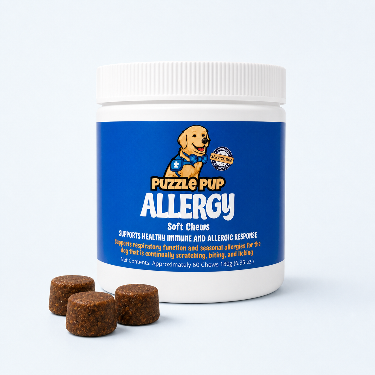 PuzzlePup Allergy Soft Chews jar with soft chews on a clean light background