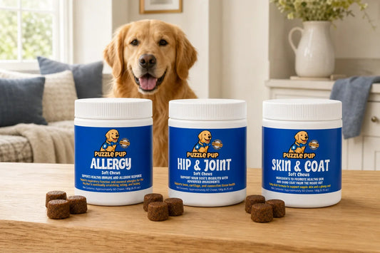PuzzlePup Allergy, Hip and Joint, and Skin and Coat Soft Chews with a golden retriever lifestyle view