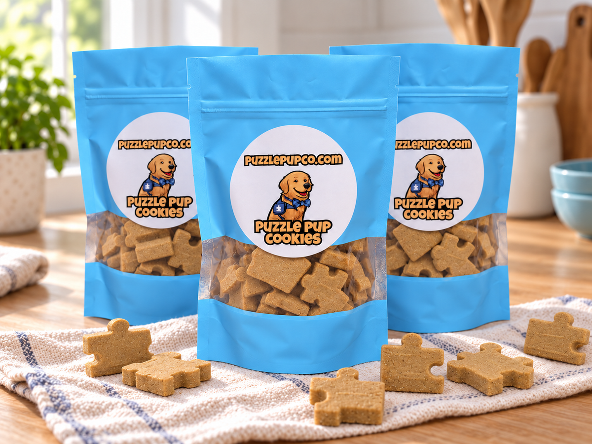 Three blue PuzzlePup Cookies pouches with golden puzzle-piece cookies in a kitchen composition.