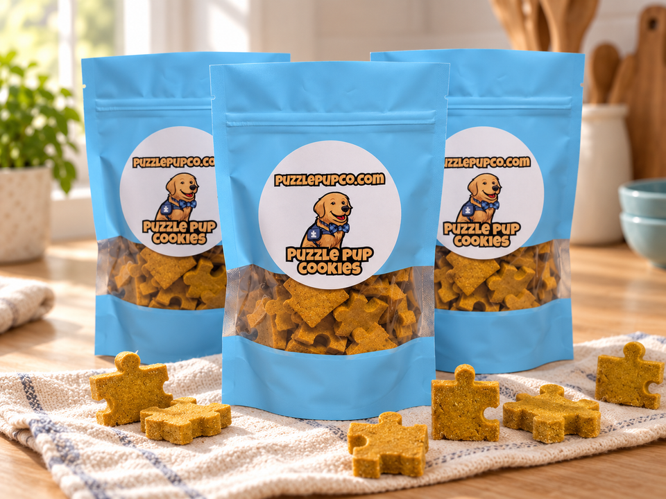 Three PuzzlePup Cookies pouches in a kitchen composition.