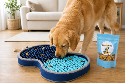 Golden retriever using the PuzzlePup Snuffle Mat with PuzzlePup handmade puzzle-piece treats